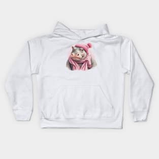 Adorable cute Hippo wearing a pink hat and scarf Kids Hoodie